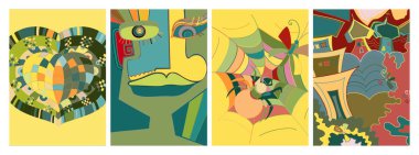 Sanatsal soyut vektör. Duvar yazısı tarzında süslü kıvrımlı posterler. Kübizm sanat tasarım elementleri. Modern mistik doğal ruhani fikir. El çiziminde gelecekçi geometri.