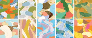 Soyut vektörsüz şablon ayarlandı. Organik grunge, üst üste binen dalgalı şekiller ve çizgiler. El yazısıyla çizilmiş pastel renkli arka plan. Çizgili noktalı yaprak formları. Düz tekstil kumaşı.