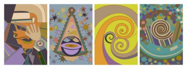 Sanatsal soyut vektör. Duvar yazısı tarzında süslü kıvrımlı posterler. Kübizm sanat tasarım elementleri. Modern mistik doğal ruhani fikir. El çiziminde gelecekçi geometri.