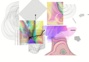 Geometrik bilim kurgu elementleriyle soyut sanat geçmişi. Sanal gerçekliğin yüksek teknolojili siber punk teknolojisi. Bilgisayar hologramla bilim modelleri üretti. Modern Gotik sanat seti tasarım seti.