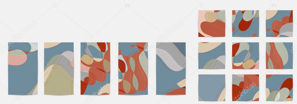 Social media booster background set. Art terrazzo pattern with wavy shapes and lines in earthy natural color for fashion seasonal sale story post. Instagram advertising  marketing technologies.