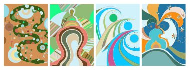 Sanatsal soyut vektör. Duvar yazısı tarzında süslü kıvrımlı posterler. Kübizm sanat tasarım elementleri. Modern mistik doğal ruhani fikir. El çiziminde gelecekçi geometri.