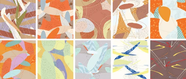 Soyut vektörsüz şablon ayarlandı. Organik grunge, üst üste binen dalgalı şekiller ve çizgiler. El yazısıyla çizilmiş pastel renkli arka plan. Çizgili noktalı yaprak formları. Düz tekstil kumaşı.
