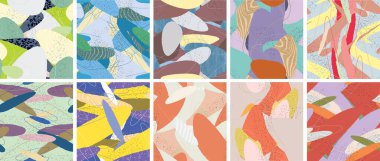 Soyut vektörsüz şablon ayarlandı. Organik grunge, üst üste binen dalgalı şekiller ve çizgiler. El yazısıyla çizilmiş pastel renkli arka plan. Çizgili noktalı yaprak formları. Düz tekstil kumaşı.