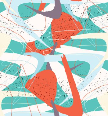 Soyut vektör kusursuz desen. Organik grunge, üst üste binen dalgalı şekiller ve çizgiler. El yazısıyla çizilmiş pastel renkli arka plan. Çizgili noktalı yaprak formları. Düz tekstil kumaşı. 