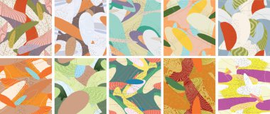 Soyut vektörsüz şablon ayarlandı. Organik grunge, üst üste binen dalgalı şekiller ve çizgiler. El yazısıyla çizilmiş pastel renkli arka plan. Çizgili noktalı yaprak formları. Düz tekstil kumaşı.