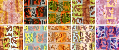 Vektörsüz şablon ayarlandı. Organik Matisse şekilleri. Doğal toprak renginde çiçek sualtı yaşamı. Soyut deniz yosunu kamuflaj arka planı. Moda dalgalı geometri. Rastgele katmanlanmış el çizimi sanat.