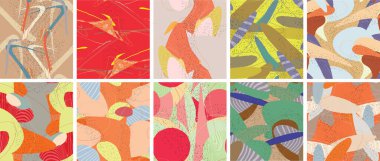 Soyut vektörsüz şablon ayarlandı. Organik grunge, üst üste binen dalgalı şekiller ve çizgiler. El yazısıyla çizilmiş pastel renkli arka plan. Çizgili noktalı yaprak formları. Düz tekstil kumaşı.