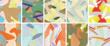 Soyut vektörsüz şablon ayarlandı. Organik grunge, üst üste binen dalgalı şekiller ve çizgiler. El yazısıyla çizilmiş pastel renkli arka plan. Çizgili noktalı yaprak formları. Düz tekstil kumaşı.