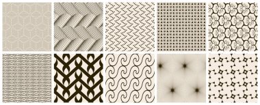 Kusursuz vektör deseni ayarlandı. Soyut basit geometrik doku. Eski sarı kağıtta koyu kahverengi. Geriye dönük ince çizgiler. Modern kafes grafik tasarımı.