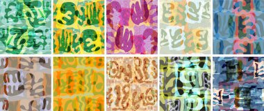 Vektörsüz şablon ayarlandı. Organik Matisse şekilleri. Doğal toprak renginde çiçek sualtı yaşamı. Soyut deniz yosunu kamuflaj arka planı. Moda dalgalı geometri. Rastgele katmanlanmış el çizimi sanat.