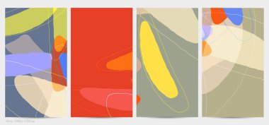 Asgari moda tarzında bir grup vektör soyut yaratıcı arka plan. Sosyal medya için modern şablonlar. Eğlenceli karalama şekli. Soyut geometrik şekilleri ve renkleri olan sanat manzarası.