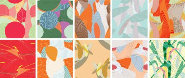 Soyut vektörsüz şablon ayarlandı. Organik grunge, üst üste binen dalgalı şekiller ve çizgiler. El yazısıyla çizilmiş pastel renkli arka plan. Çizgili noktalı yaprak formları. Düz tekstil kumaşı.