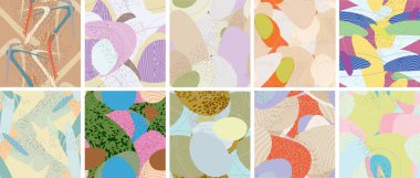 Soyut vektörsüz şablon ayarlandı. Organik grunge, üst üste binen dalgalı şekiller ve çizgiler. El yazısıyla çizilmiş pastel renkli arka plan. Çizgili noktalı yaprak formları. Düz tekstil kumaşı.