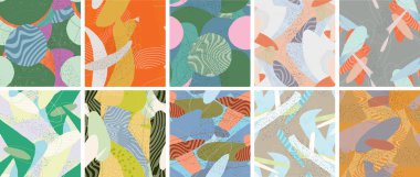 Soyut vektörsüz şablon ayarlandı. Organik grunge, üst üste binen dalgalı şekiller ve çizgiler. El yazısıyla çizilmiş pastel renkli arka plan. Çizgili noktalı yaprak formları. Düz tekstil kumaşı.