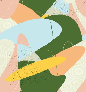 Soyut vektör kusursuz desen. Organik grunge, üst üste binen dalgalı şekiller ve çizgiler. El yazısıyla çizilmiş pastel renkli arka plan. Çizgili noktalı yaprak formları. Düz tekstil kumaşı. 