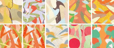 Soyut vektörsüz şablon ayarlandı. Organik grunge, üst üste binen dalgalı şekiller ve çizgiler. El yazısıyla çizilmiş pastel renkli arka plan. Çizgili noktalı yaprak formları. Düz tekstil kumaşı.