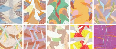 Soyut vektörsüz şablon ayarlandı. Organik grunge, üst üste binen dalgalı şekiller ve çizgiler. El yazısıyla çizilmiş pastel renkli arka plan. Çizgili noktalı yaprak formları. Düz tekstil kumaşı.