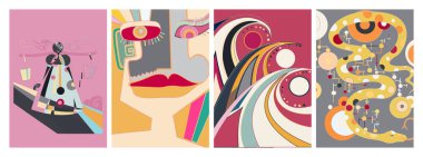 Sanatsal soyut vektör. Duvar yazısı tarzında süslü kıvrımlı posterler. Kübizm sanat tasarım elementleri. Modern mistik doğal ruhani fikir. El çiziminde gelecekçi geometri.