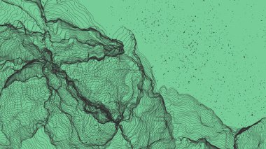 Çok ince bir ağ şekli. Soyut 3D bilgisayar modelleme bilim geometrisi. Gelişigüzel parçacıklarla etkileşen fütüristik ses dalgası. Düz dünyevi arkaplanda büyüyen küf dokusu.