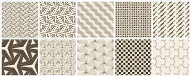 Kusursuz vektör deseni ayarlandı. Soyut basit geometrik doku. Eski sarı kağıtta koyu kahverengi. Geriye dönük ince çizgiler. Modern kafes grafik tasarımı.