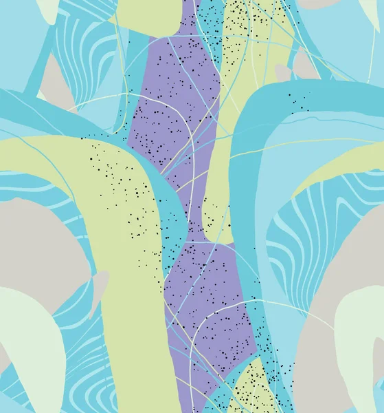 Abstract vector seamless pattern. Organic grunge textured overlapping wavy shapes and lines. Scribbled hand drawn pastel colored background. Striped dotted leaf forms. Flat textile swatch. 
