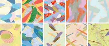 Soyut vektörsüz şablon ayarlandı. Organik grunge, üst üste binen dalgalı şekiller ve çizgiler. El yazısıyla çizilmiş pastel renkli arka plan. Çizgili noktalı yaprak formları. Düz tekstil kumaşı.