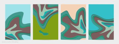 Soyut üç boyutlu kağıt, sanatı keser. Dalgalı kağıt işçiliğiyle renkli bir arka plan. Sanatsal vektör gerçekçi gölgeli şekilleri kesiyor. Parlak oyma dokusu. Topografi yardım taklidi.