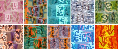 Vektörsüz şablon ayarlandı. Organik Matisse şekilleri. Doğal toprak renginde çiçek sualtı yaşamı. Soyut deniz yosunu kamuflaj arka planı. Moda dalgalı geometri. Rastgele katmanlanmış el çizimi sanat.