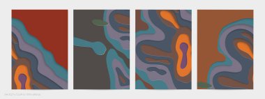 Soyut üç boyutlu kağıt, sanatı keser. Dalgalı kağıt işçiliğiyle renkli bir arka plan. Sanatsal vektör gerçekçi gölgeli şekilleri kesiyor. Parlak oyma dokusu. Topografi yardım taklidi.