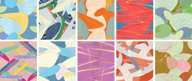 Soyut vektörsüz şablon ayarlandı. Organik grunge, üst üste binen dalgalı şekiller ve çizgiler. El yazısıyla çizilmiş pastel renkli arka plan. Çizgili noktalı yaprak formları. Düz tekstil kumaşı.