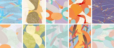 Soyut vektörsüz şablon ayarlandı. Organik grunge, üst üste binen dalgalı şekiller ve çizgiler. El yazısıyla çizilmiş pastel renkli arka plan. Çizgili noktalı yaprak formları. Düz tekstil kumaşı.