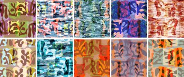 Vektörsüz şablon ayarlandı. Organik Matisse şekilleri. Doğal toprak renginde çiçek sualtı yaşamı. Soyut deniz yosunu kamuflaj arka planı. Moda dalgalı geometri. Rastgele katmanlanmış el çizimi sanat.
