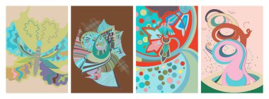 Sanatsal soyut vektör. Duvar yazısı tarzında süslü kıvrımlı posterler. Kübizm sanat tasarım elementleri. Modern mistik doğal ruhani fikir. El çiziminde gelecekçi geometri.