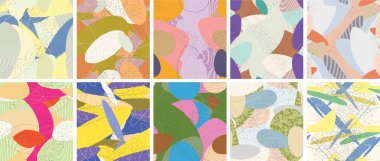 Soyut vektörsüz şablon ayarlandı. Organik grunge, üst üste binen dalgalı şekiller ve çizgiler. El yazısıyla çizilmiş pastel renkli arka plan. Çizgili noktalı yaprak formları. Düz tekstil kumaşı.