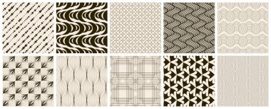Kusursuz vektör deseni ayarlandı. Soyut basit geometrik doku. Eski sarı kağıtta koyu kahverengi. Geriye dönük ince çizgiler. Modern kafes grafik tasarımı.