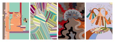 Sanatsal soyut vektör. Duvar yazısı tarzında süslü kıvrımlı posterler. Kübizm sanat tasarım elementleri. Modern mistik doğal ruhani fikir. El çiziminde gelecekçi geometri.