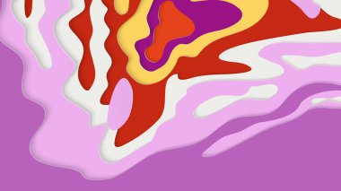 Soyut üç boyutlu kağıt, sanatı keser. Dalgalı kağıt işçiliğiyle renkli bir arka plan. Sanatsal vektör gerçekçi gölgeli şekilleri kesiyor. Parlak oyma dokusu. Topografi yardım taklidi.