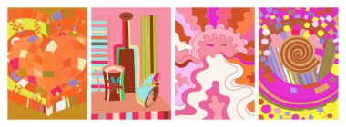 Sanatsal soyut vektör. Duvar yazısı tarzında süslü kıvrımlı posterler. Kübizm sanat tasarım elementleri. Modern mistik doğal ruhani fikir. El çiziminde gelecekçi geometri.