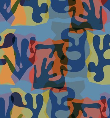 Organik Matisse şekillerinin kusursuz desenleri. Doğal toprak renkleri. Çiçekli sualtı yaşamı. Soyut deniz yosunu kamuflaj arka planı. Moda dalgalı geometri. Rastgele katmanlanmış el çizimi sanat.