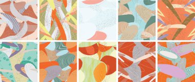 Soyut vektörsüz şablon ayarlandı. Organik grunge, üst üste binen dalgalı şekiller ve çizgiler. El yazısıyla çizilmiş pastel renkli arka plan. Çizgili noktalı yaprak formları. Düz tekstil kumaşı.