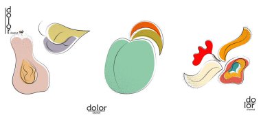 Soyut el çizimi vektör sanatsal logo seti beyaza izole edildi. Çizgi sanatsal çizim ve doku. Retro düz renkler organik doğal Eko gıda tasarımı. Organik sağlıklı vejetaryen karalaması..