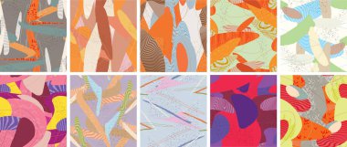 Soyut vektörsüz şablon ayarlandı. Organik grunge, üst üste binen dalgalı şekiller ve çizgiler. El yazısıyla çizilmiş pastel renkli arka plan. Çizgili noktalı yaprak formları. Düz tekstil kumaşı.