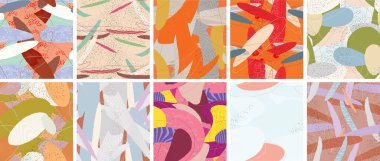 Soyut vektörsüz şablon ayarlandı. Organik grunge, üst üste binen dalgalı şekiller ve çizgiler. El yazısıyla çizilmiş pastel renkli arka plan. Çizgili noktalı yaprak formları. Düz tekstil kumaşı.