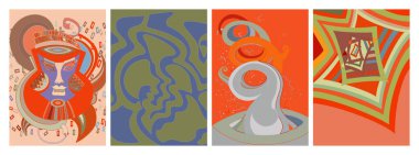 Sanatsal soyut vektör. Duvar yazısı tarzında süslü kıvrımlı posterler. Kübizm sanat tasarım elementleri. Modern mistik doğal ruhani fikir. El çiziminde gelecekçi geometri.