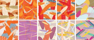 Soyut vektörsüz şablon ayarlandı. Organik grunge, üst üste binen dalgalı şekiller ve çizgiler. El yazısıyla çizilmiş pastel renkli arka plan. Çizgili noktalı yaprak formları. Düz tekstil kumaşı.