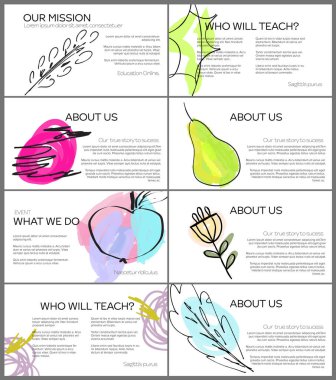 Elle çizilmiş meyve ve karalamalarla web sunum şablonu düzeni. Pazarlama teknolojisi için minimum modern tasarım