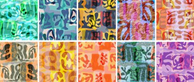 Vektörsüz şablon ayarlandı. Organik Matisse şekilleri. Doğal toprak renginde çiçek sualtı yaşamı. Soyut deniz yosunu kamuflaj arka planı. Moda dalgalı geometri. Rastgele katmanlanmış el çizimi sanat.