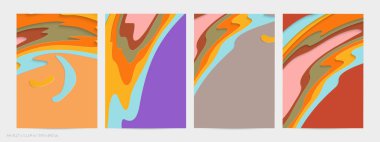 Soyut üç boyutlu kağıt, sanatı keser. Dalgalı kağıt işçiliğiyle renkli bir arka plan. Sanatsal vektör gerçekçi gölgeli şekilleri kesiyor. Parlak oyma dokusu. Topografi yardım taklidi.