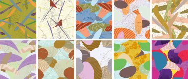 Soyut vektörsüz şablon ayarlandı. Organik grunge, üst üste binen dalgalı şekiller ve çizgiler. El yazısıyla çizilmiş pastel renkli arka plan. Çizgili noktalı yaprak formları. Düz tekstil kumaşı.